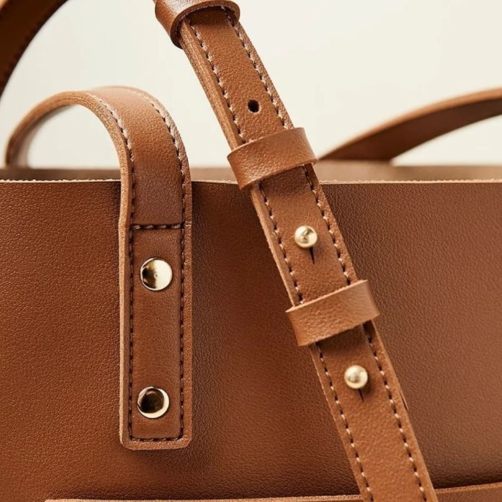 Women’s Tan Leather Tote Bag with Front Pocket - Picture 4 of 12